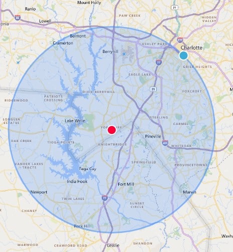 radius map for service area charlotte dog training